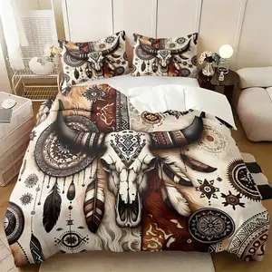 2/3 Piece Western Country And Bohemian Style Fusion Bedding Set, Boho Bed Set, Cow Head Bone Quilt Cover and Feather Pattern Duvet Cover Set, Suitable for Bedroom Decoration, Soft and Comfortable, Including 1 Comforter Cover and 1/2 Pillowcase