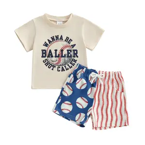 Babamoon 2Pcs Toddler Baby Boy Baseball Outfit Set Short Sleeve Letters Print T-shirt Top with Baseball Shorts Summer Clothes