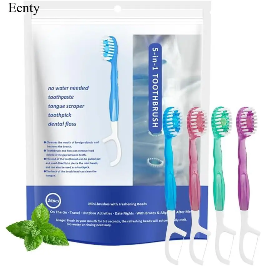 Eenty 5 in 1 Mini Brushes-Disposable Toothbrushes with Toothpaste + Floss + Pick + Tongue Scraper | Travel Size | Individually Wrapped | Soft | Mint | Travel Set (Mix, 26 pcs)