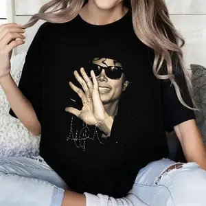 100 Percent Cotton Casual Style T-Shirt With Portrait And Signature Design For Summer Wear Perfect Gift For Music Lovers And Fashion Enthusiasts # Michael Jackson # Jaafar Jackson # biopic # music legend