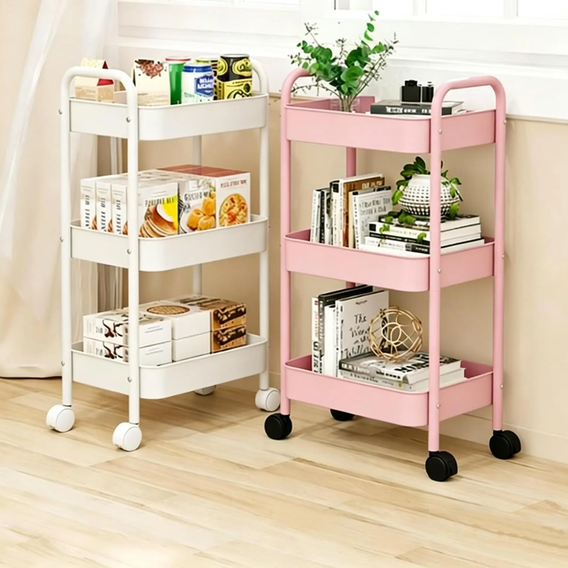 3-Tier Iron Frame Rolling Cart with Wheels - High Capacity Storage Organization, Multipurpose Organizer for Kitchen, Bedroom & Multiple Rooms Home Supplies Storage Holder Rack