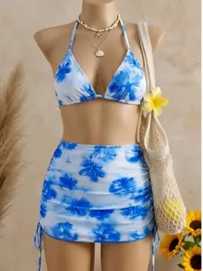 Women's Bikini Three-Piece Set, Floral Pattern Beach Vacation, Fashion Summer Clothing, Perfect Travel Wear, Floral Print Swimsuits, Floral Print Bikinis