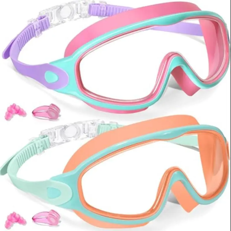 Colorful Swimming Goggles, Water Goggles, 2 Pairs Anti-fog Swimming Goggles with Earplugs, Swimming Accessories for Boys & Girls, Swim Glasses, Swim Goggles Set