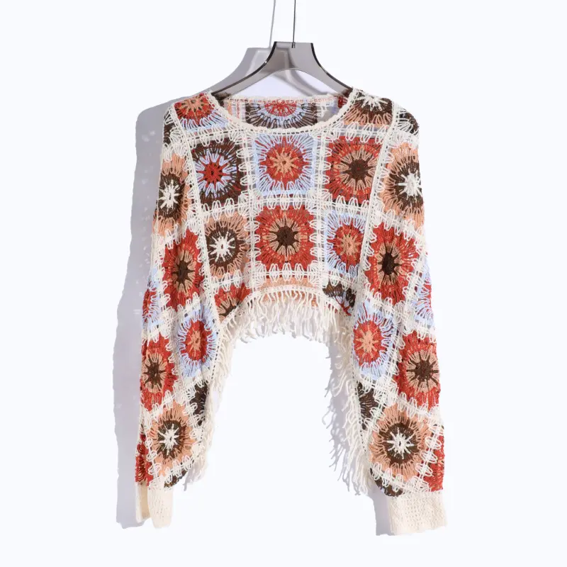 Good Quality Boho Chic Floral Crochet Knit Shawl with Fringe Detail, Polyester Batwing Sleeve Hippie Beach Cover-Up, Weekend Casual Decorative Wrap - Hand Wash/Dry Clean Only