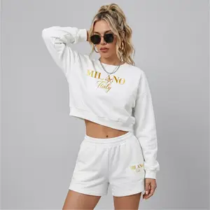 Women’s Milano Italy Graphic Crewneck Short Sleeve Sweatshirt & Shorts Set, Casual Matching Two Piece Outfit With Built-In Drawstring Shorts