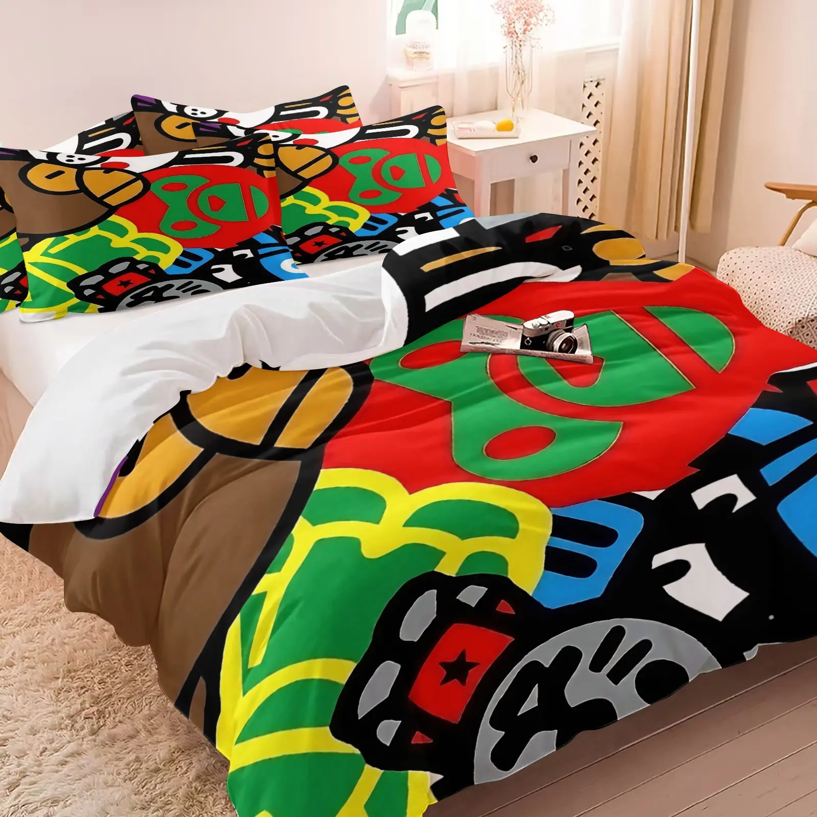 Colorful Character Collage 3-Piece Decorative Duvet Cover Set, Ultra-Soft Microfiber Bedding with 1/2 Pillowcases (No Insert), Vibrant Streetwear Bedding for Teens Adults Bedroom Decor, Bed Quilt Cover, Bed Sets Supplies, Bed Covers