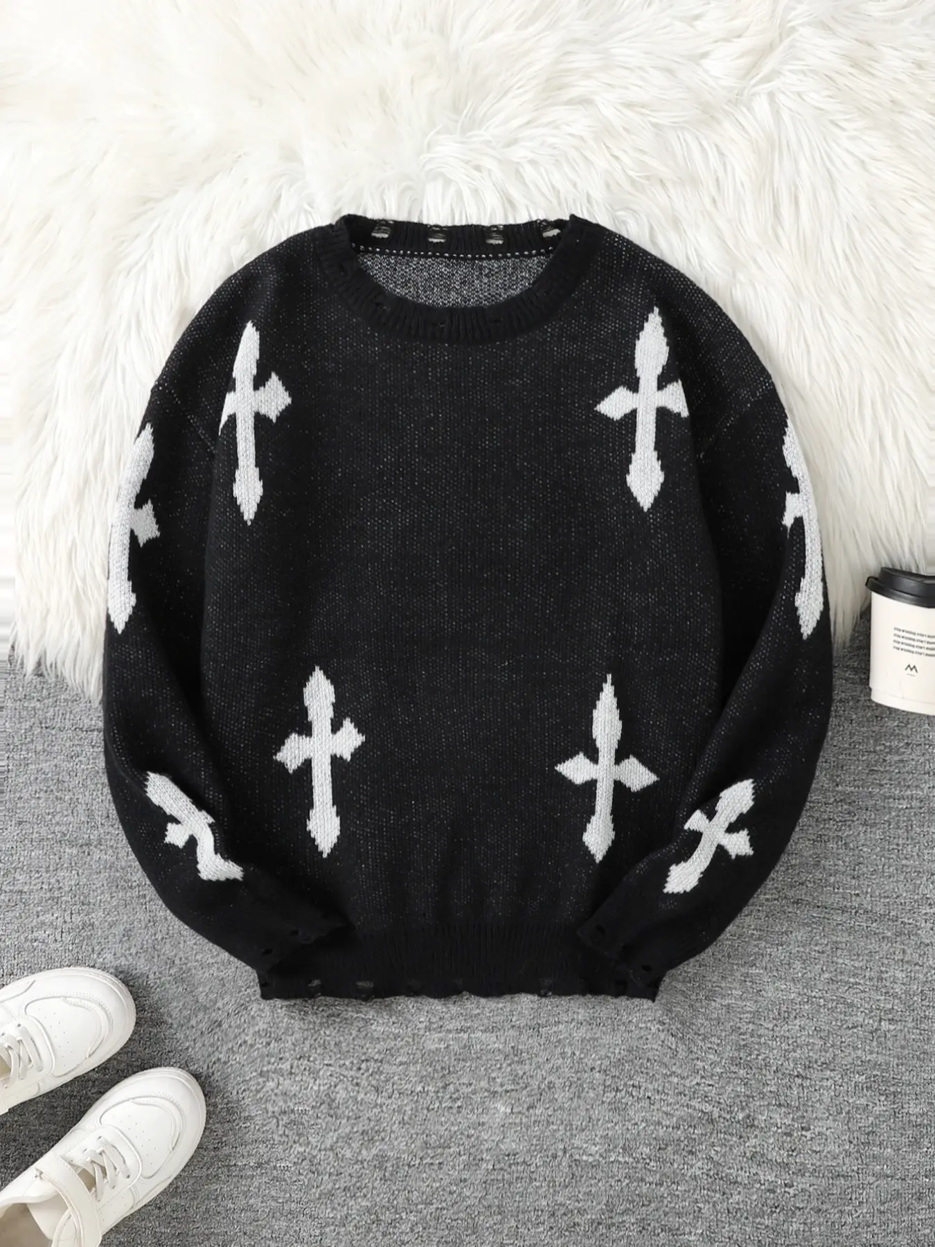 Trendy Hole Cross-Stitch Knit Sweater, Casual Round Neck Pullover for Men, Fall & Winter Fitted Knitwear, Perfect Gift Choice