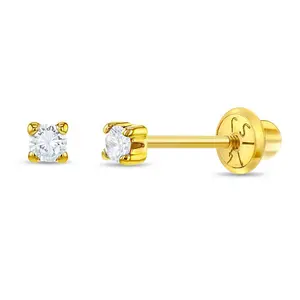 14k Gold 4 Prong CZ Solitaire 2-5mm Baby / Toddler / Kids Earrings Safety Screw Back