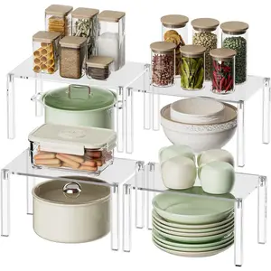 Clear Cabinet Organizer:  Shelf Riser Set of 4 for Kitchen Pantry Organizers and Storage - Countertop  Rack for Cabinet - Stackable Display Shelf Decor for