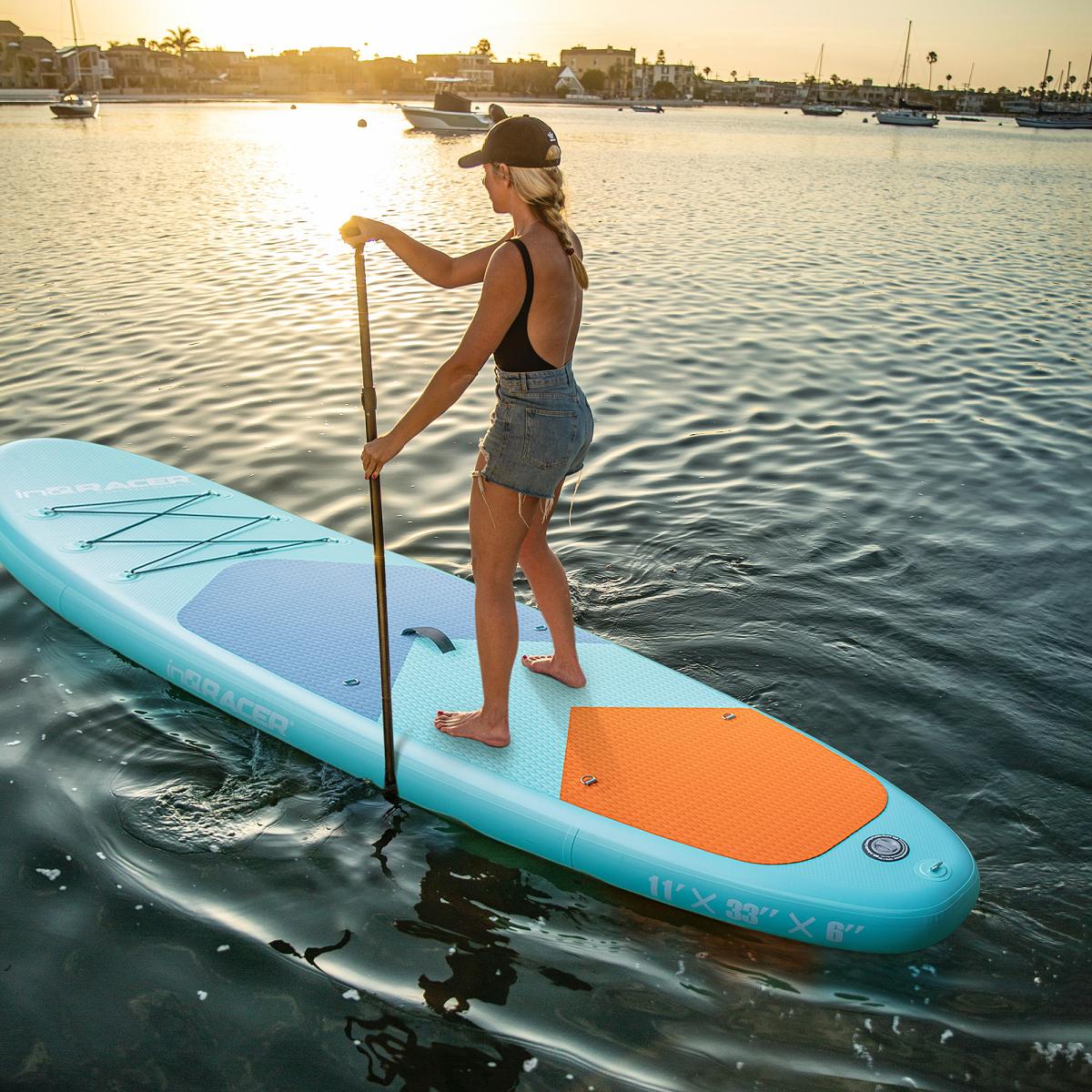 Aobtkel inQracer 11' Unisex Inflatable SUP Stand Up Paddle Board, 33" Width, 300lb Capacity, Military PVC Drop Stitch, 6 D-Rings Cargo System, Adjustable Aluminum Paddle, Hand Pump, Backpack for Adults, Lake/Ocean/Surf Water Sports Gift