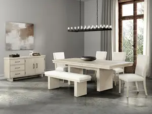 FM3410NT-6PC 6 pc Hagerman natural finish wood modern farmhouse dining table set fabric seats and bench