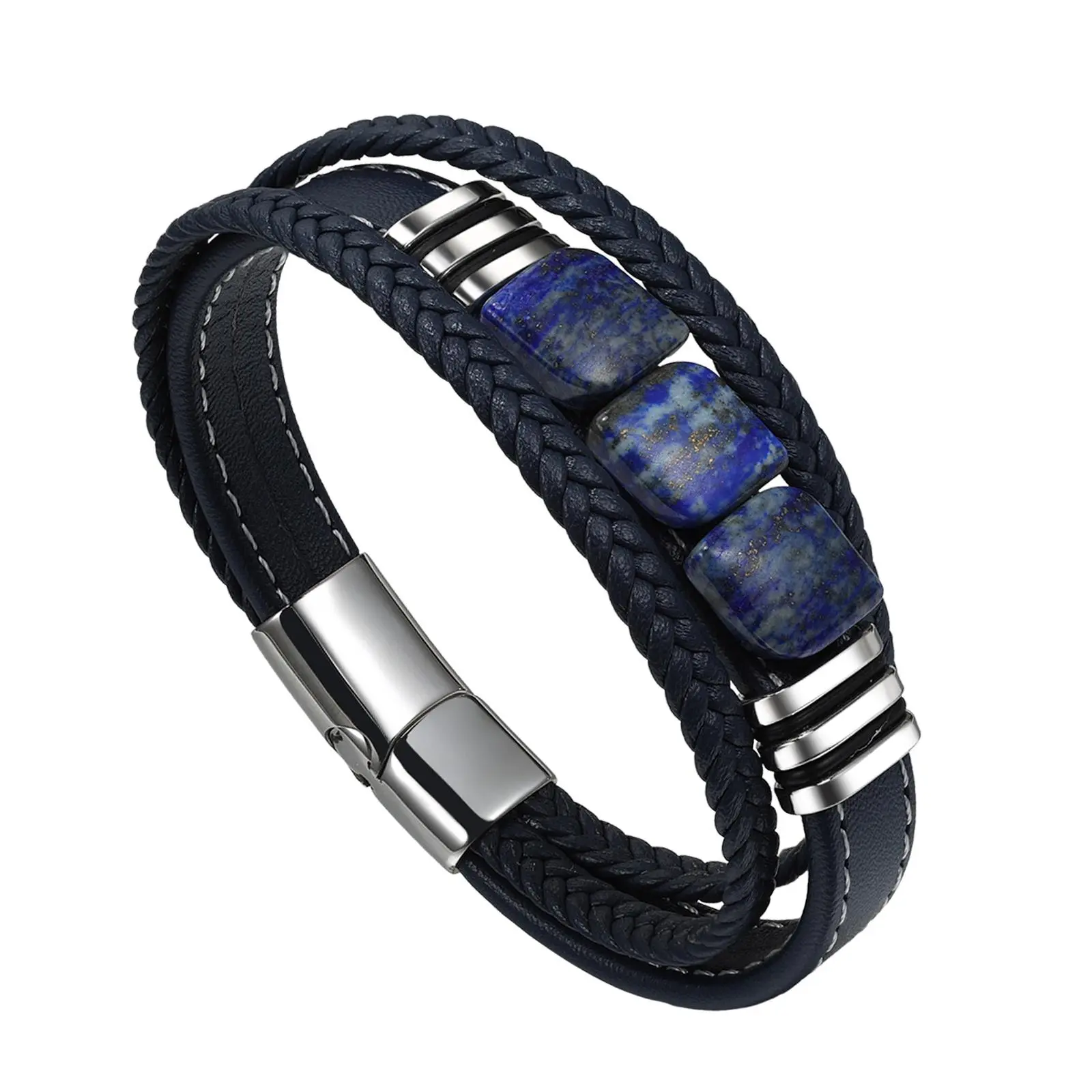 OIDEA Men's Natural Lapis Lazuli Stacked Bracelet - Exquisite High Quality December Birthstone Jewelry, Magnetic Clasp, Leather & Stainless Steel, 1.06in Width, 8.27in Inner Circumference, Pyrite Spots, Polish, Water Resistant, Tarnish-Resistant