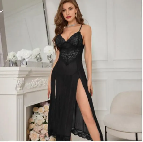 Black Lace Mesh Split Long Dress, Elegant Sheer Tulle Maxi Dress with High Split, Slim Fit Party Evening Dress for Women。Versatile and stylish, this elegant tulle maxi dress is ideal for multiple occasions, including cocktail parties.....