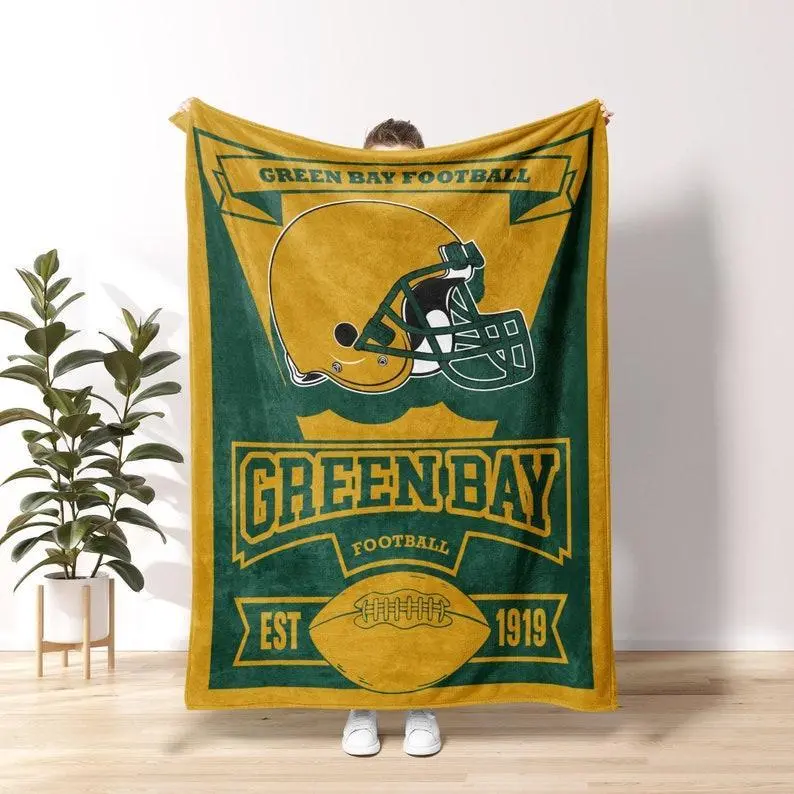 Football Personalized Blanket Retro Packer Varsity Design High Quality 280gsm for Packers Fans Family Gift Halloween Christmas Decoration