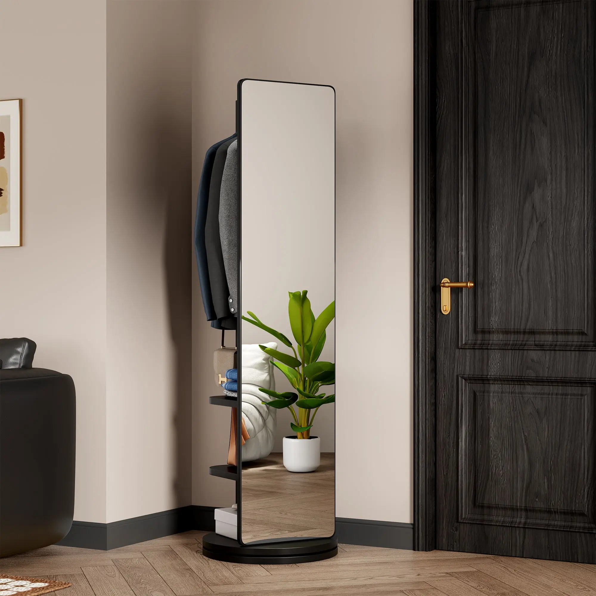 Black Modern 360° Rotating Solid Wood Rectangle Full-Length Mirror (68.8*19.6 inches) - Multifunctional Home Decor with Hook Storage Rack, Coat Rack, Space-Saving for Bedroom, Cloakroom, Home Gym