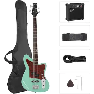 GLARRY 4 String Electric Bass Guitar Beginner Kit w/20w Amp, Red Pearl Guard Full Size Bass with Digital Tuner,Amp Cable, Strap, Bag and Accessories(Mint Green)