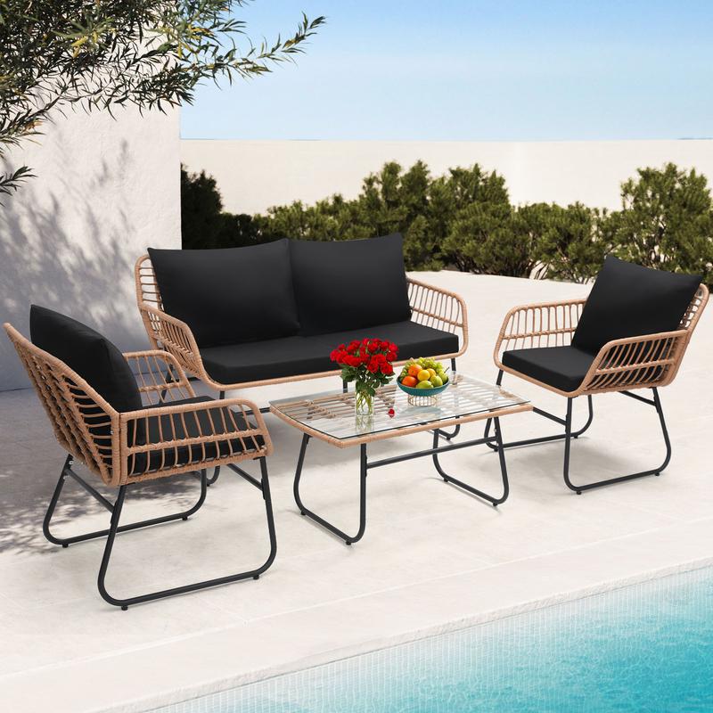 4 Piece Patio Bistro Outdoor Furniture Set, Wicker Sofa, 2 Rattan Chairs, and Table, Backyard Conversation Set, All Weather Cushions，for Garden,Poolside, Backyard