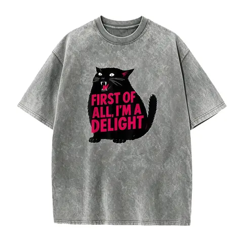 Women's Cotton Baggy Casual T-Shirt Top - Smooth Fabric, Ribbed, Seamless, Funny Cat Graphic, Sarcastic Quote, Delight-Themed Humor Design