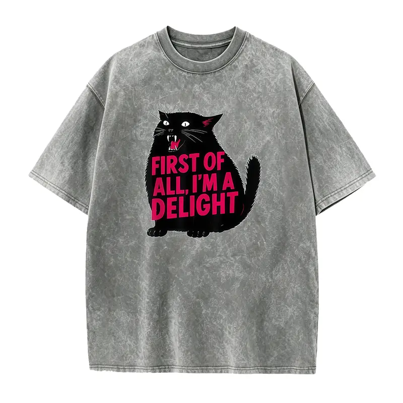 Women's Cotton Baggy Casual T-Shirt Top - Smooth Fabric, Ribbed, Seamless, Funny Cat Graphic, Sarcastic Quote, Delight-Themed Humor Design