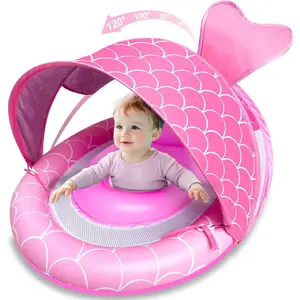Inflatable Baby Float with Canopy for 6-36 Months Baby Toddler, UPF50+ Sun Protection, 4 Stage Adjustable Canopy, Dual Air Chambers, Adjustable Safety Seat Inflatable Swimming Pool Float