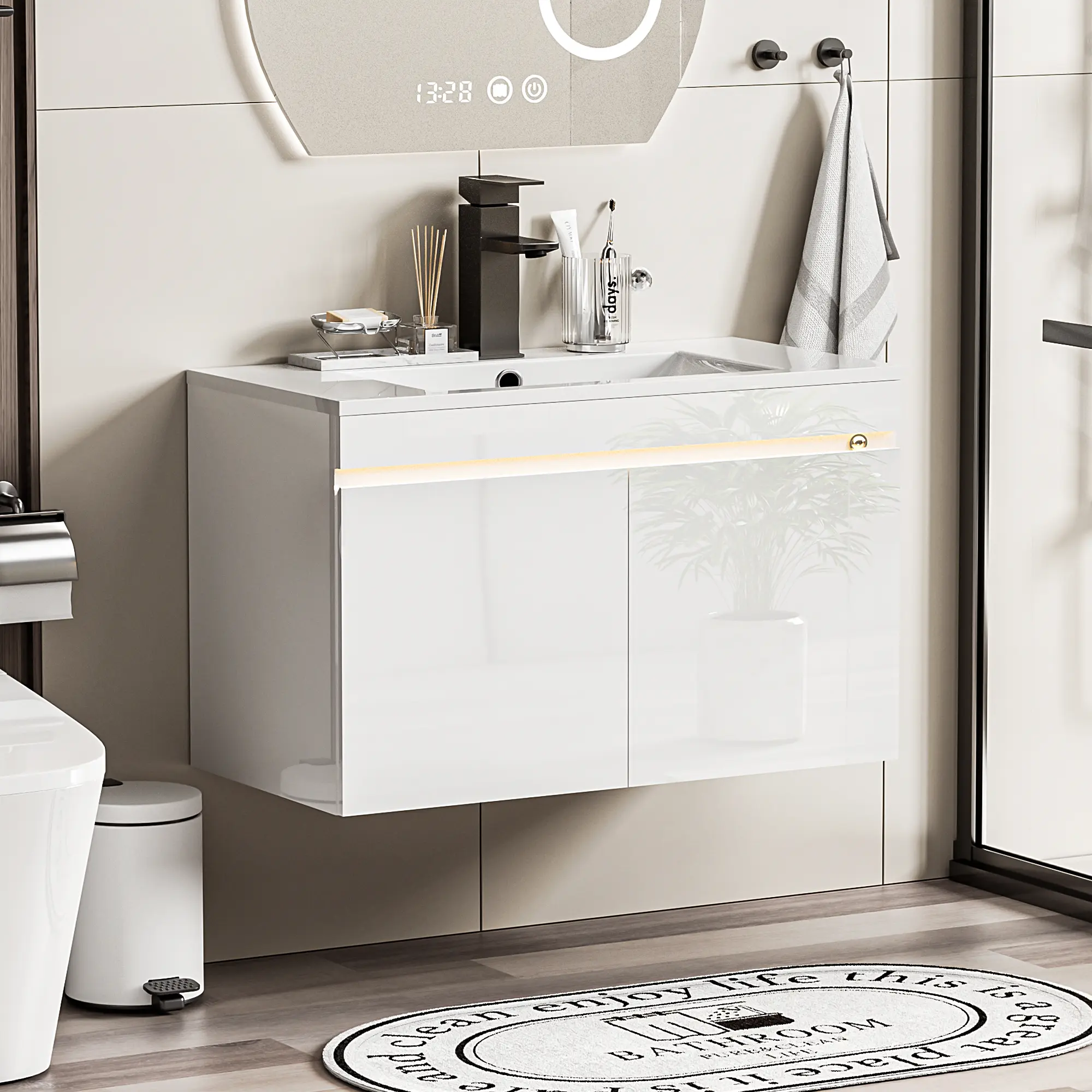 【2 Packages Shipping】Spurgehom 30 Inch Bathroom Vanity with Sink Combo, Smart Wall Mounted Sink Cabinet with Auto Motion Sensor LED Light, High Gloss Modern Floating Vanity with Faucet