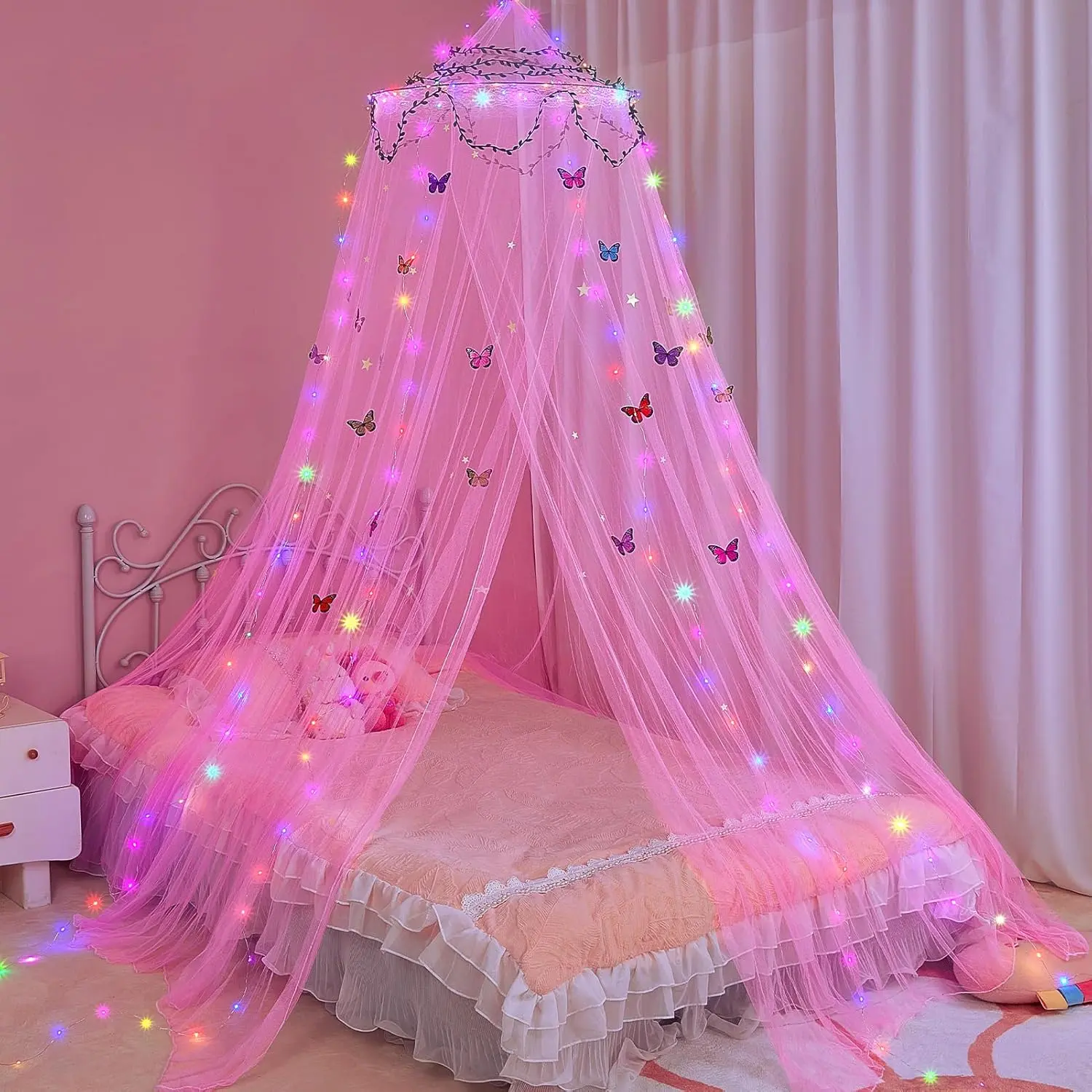 Bed Canopy for Girls Room Bed Canopy Curtains with Led Lights Mosquito Net DIY Princess Room Decor with Stars Butterflies for  Bedroom, Hot