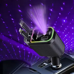 Retractable Car Charger, Car Charger with Type-C Retractable Cable, Car Charger with Atmosphere Light for iPhone iPad Samsung Xiaomi