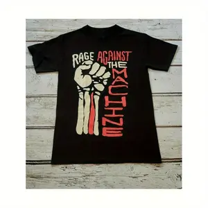 100% Cotton Rage Against The Machine Band Pattern T-Shirt - Vintage Red And White Font And Fist Raising Bone Skull Vintage Design - Black Loose Unisex Casual T-Shirt S-3XL - Machine Washable Summer Music Fan Clothing, C Golf Gift men's graphic tee