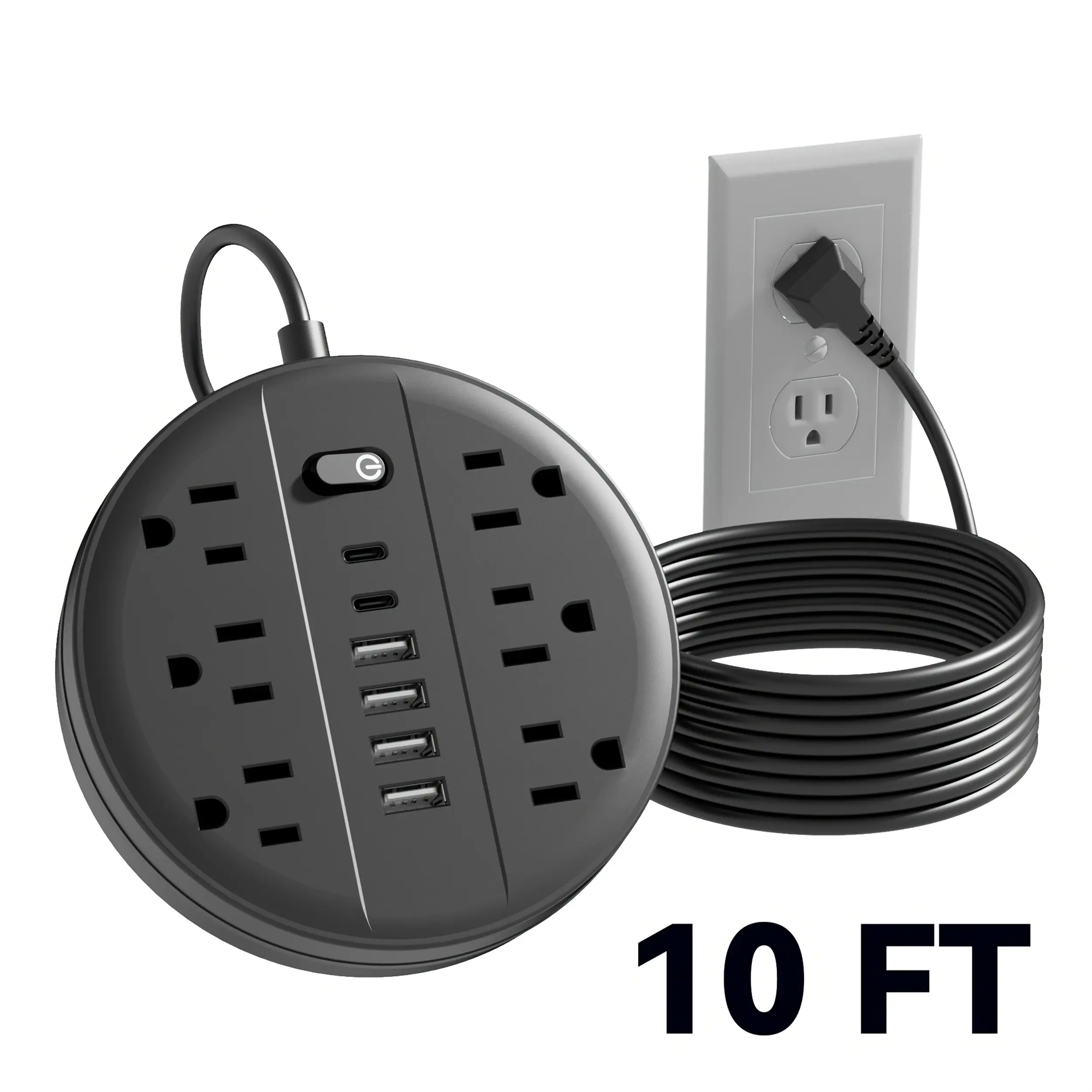 12-In-1 Surge Protector Power Strip Featuring Six AC Outlets, Four USB-A Ports, And Two Type-C Ports, Available with a Short Cord of 5 Feet Or a 10-Foot Extension Cord, Equipped with a Flat Plug, Wall Mount Capability