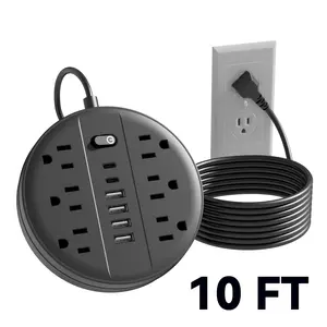 12-In-1 Surge Protector Power Strip Featuring Six AC Outlets, Four USB-A Ports, And Two Type-C Ports, Available with a Short Cord of 5 Feet Or a 10-Foot Extension Cord, Equipped with a Flat Plug, Wall Mount Capability