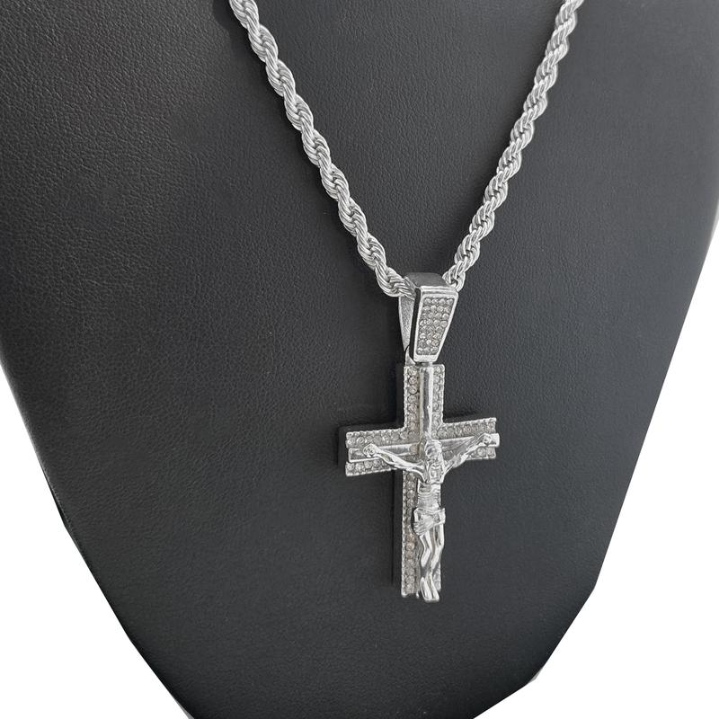 Crucifixion of Jesus Cross & Last Supper Iced Cubic Zirconia Pendant & 4mm 24" Rope Chain Necklace Jewelry for Men, Women, Unisex