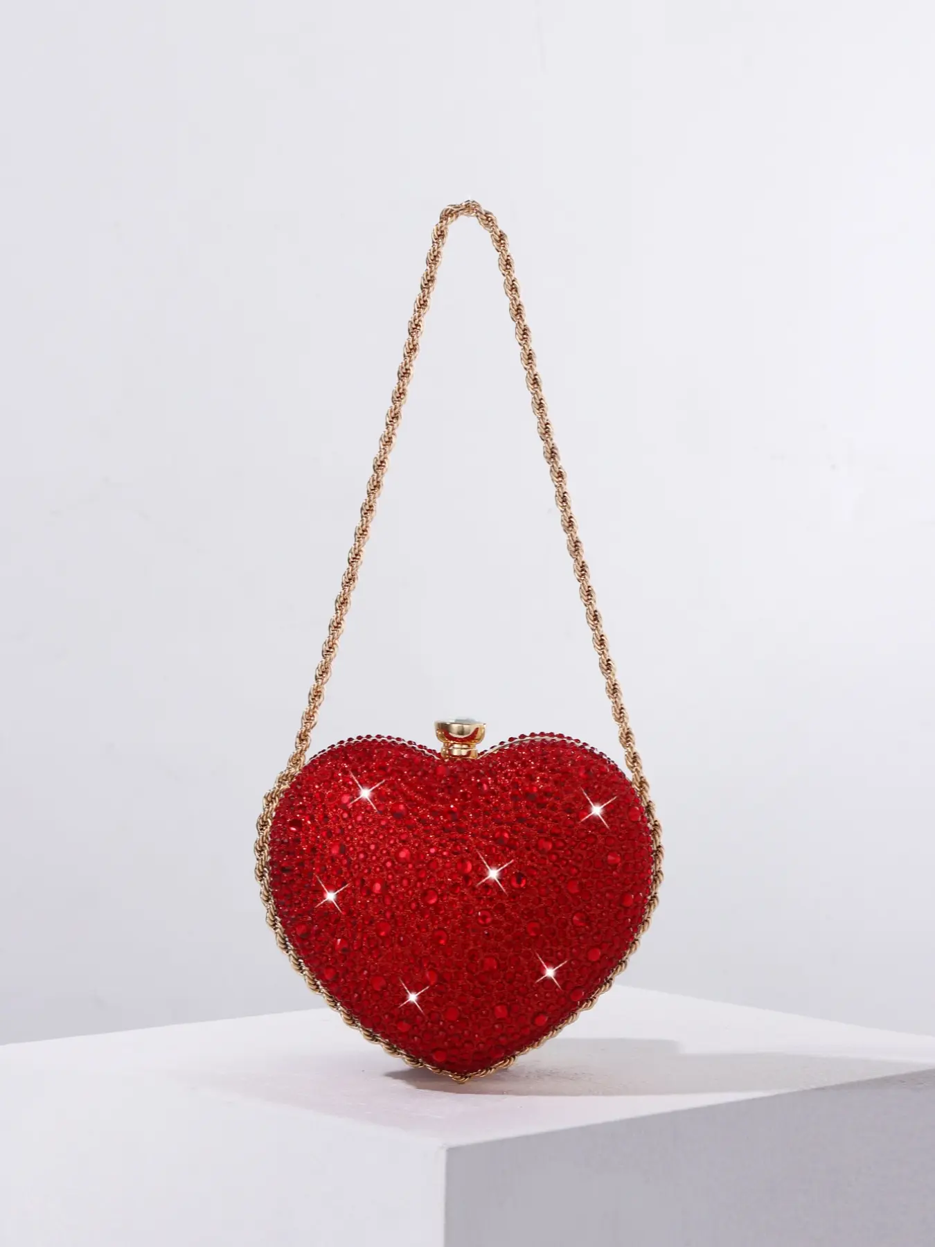 Women's Sparkling Heart Evening Bag Handbag, Valentine's Day Gift, Luxurious Rhinestone Metal Chain Small Chic Crossbody Bag, Heart Studded Bag, Elegant Rhinestone Bag