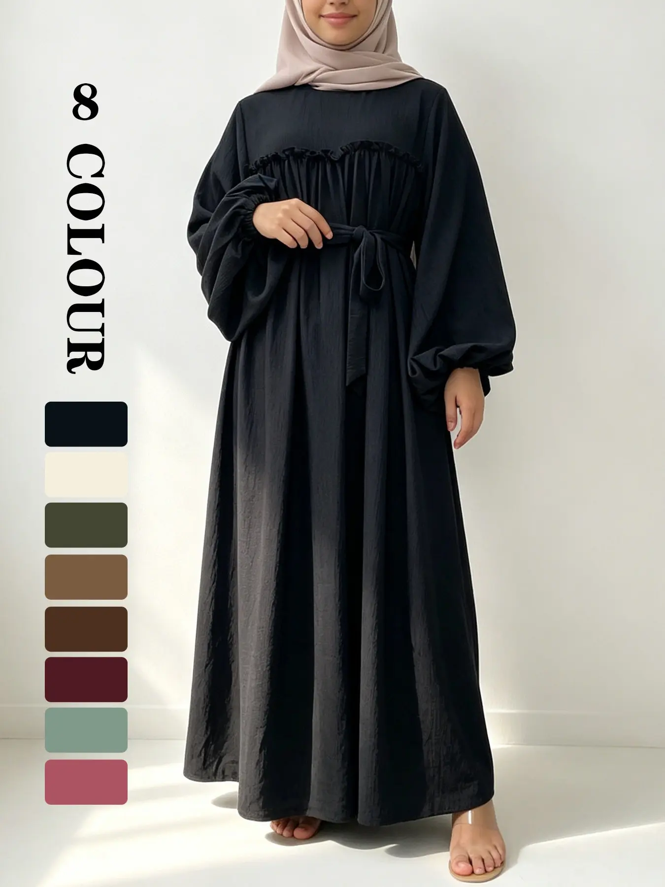 Women's Solid Color Belted Long Sleeve Tunic Dress, Long Sleeve Dresses, Casual Round Neck Dress for Fall & Winter, Modest Style Dress, Muslim Outfits, Islamic Clothes, Women's Islamic Clothing for Daily Wear
