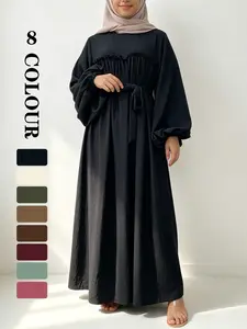 Women's Solid Color Belted Long Sleeve Tunic Dress, Casual Round Neck Dress for Fall & Winter, Modest Style Dress, Muslim Outfits, Women's Islamic Clothing for Daily Wear