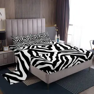 Zebra Stripes Bed Sheet Set,Zebra Pattern Printed Bedding Set for Adults,Black and White Skin Texture Sexy Luxury Zoo Animal Hair Fitted Sheet