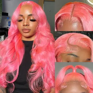 Gk Pink Lace Front Wigs Human Hair 13x6 Hd Full Lace Front Wig Human Hair Pre Plucked Hot Pink Body Wave Wig Human Hair for Black Women 200% Density Wear and Go Glueless Pink Wig With Baby Hair 26 Inch