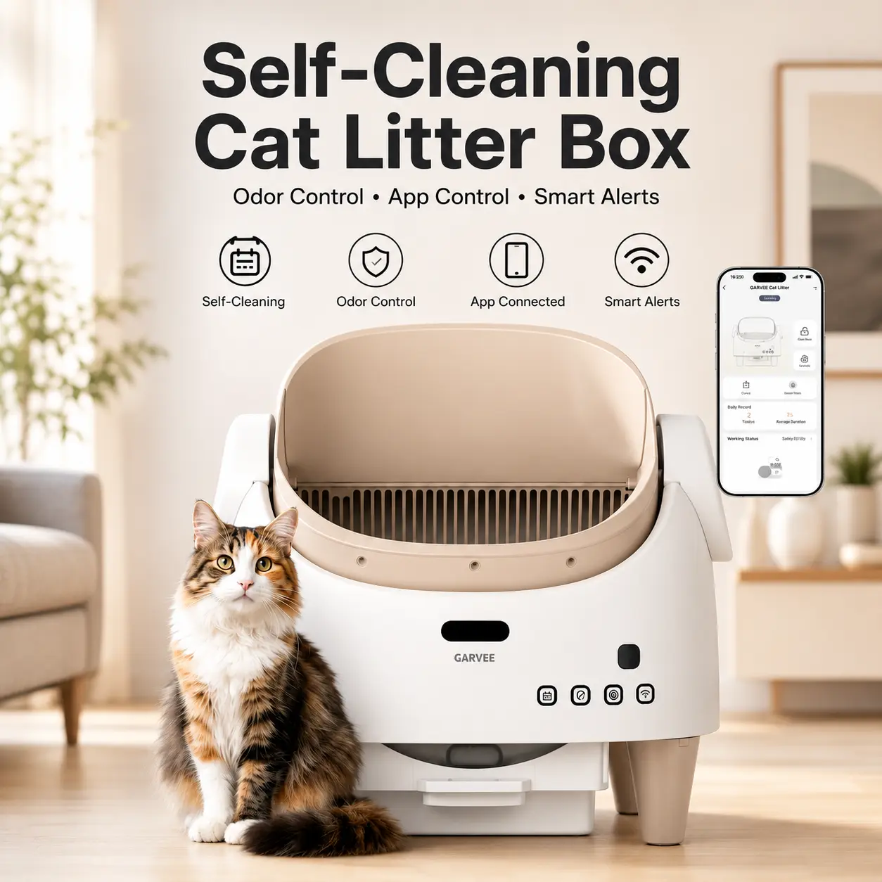 Garvee Open-Top Automatic Cat Litter Box, Self-Cleaning Litter Box with App Control, Odor Control & Safety Sensors for Multi-Cat Homes