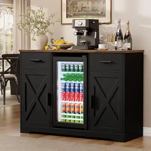 MIIFUNY Coffee Bar Cabinet with Fridge (Fridge Included), 47'' Farmhouse Bar Cabinet with Storage, Buffet Sideboard Table Station with 2 Drawers & Large Countertop, Wine Bar Liquor Cabinets for Living Room, Kitchen, Black