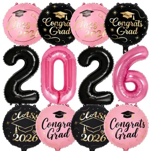 12Pcs Black Pink Graduation Set!  Giant 40" 2026 Numbers & 18" Congrats Grad Mylar Balloons for Party Decor