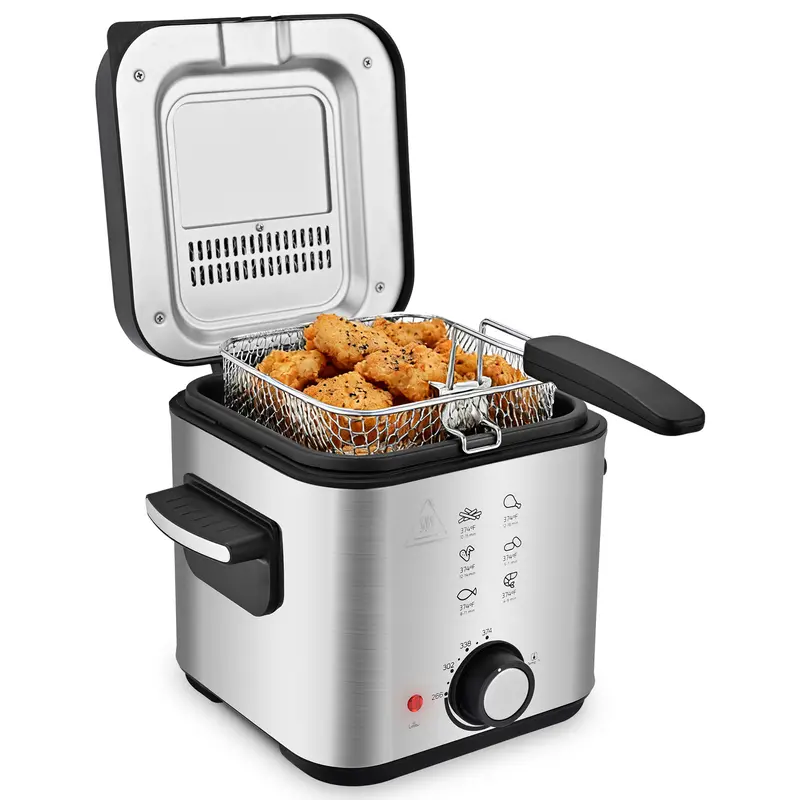 SUSTEAS Chrome Electric Deep Fryer, 1.5 QT Capacity with 1 Nonstick Baskets, 1500W Immersion Heating Element, Cool Touch Housing, Adjustable Temp 265°F–375°F, Precise Temperature Control, Easy Clean Home Fryer for French Fries