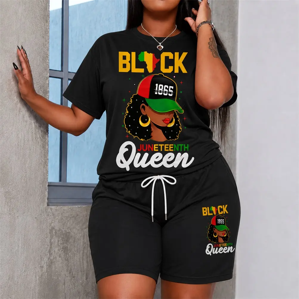 Women's Juneteenth Festive Atmosphere Graphic Short Sleeve T-Shirt And Shorts Set, Casual Summer Two-Piece Outfit With Crew Neck Top And Drawstring Waist Shorts For Daily Wear