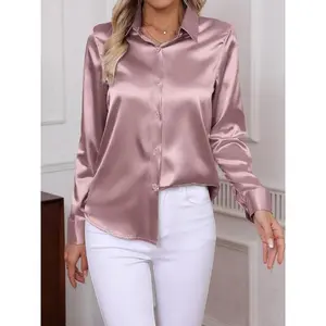 Women's plain satin shirt, elegant long sleeved button up top, suitable for work, office, and business, smooth women's clothing suitable for all seasons, women's clothingRAIMENTRY