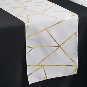 Polyester Table Runner 9ft White with Gold Foil Geometric Pattern - Modern & Stylish Table Decor