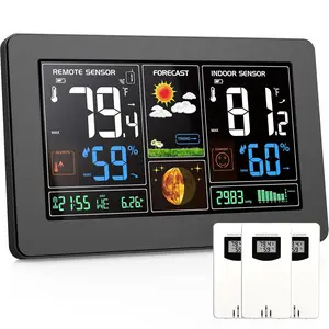 Weather Station  Indoor Outdoor Thermometer, Color Display Digital Weather Thermometer with Atomic Clock, Barometric , Forecast Station with Adjustable Backlight,Black,3Sensor