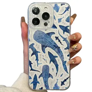 Blue Watercolor Shark Ocean Pattern Phone Case, Soft Tpu Protective Cover for iPhone Models 11-X Pro Max Plus Mini, Stylish Durable Design, Smartphone Accessories, Casing, Cellphone