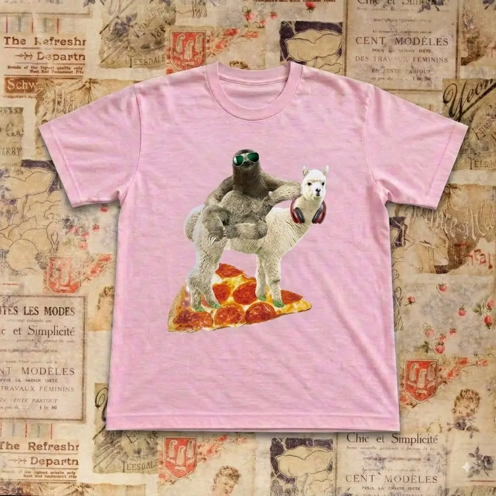 Sloth Riding Llama on Pizza T-Shirt, Funny Sloth Riding Alpaca Pink Graphic Tee, Aesthetic Y2K Food Meme Shirt, Quirky Animal Top Gift Unisex Cotton Shirt