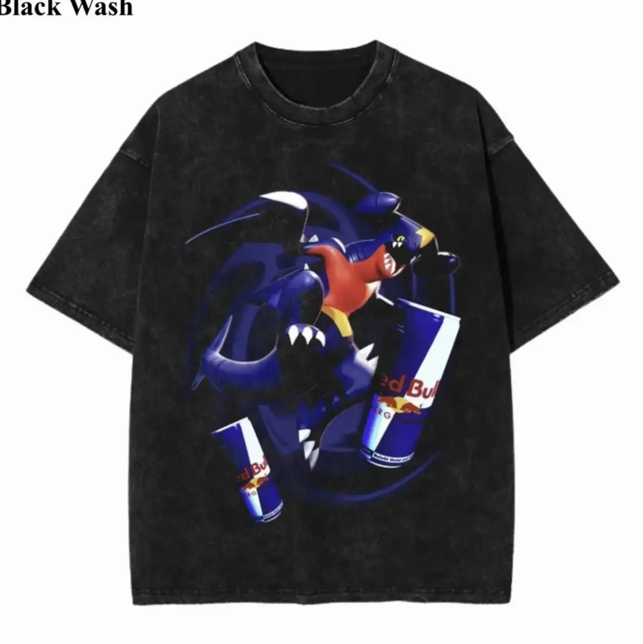Vintage Garchomp x Bull Soda Wash Tee, Pocket Monster x Energy Soda Graphic Tees, Pocket Monster T-Shirt, Unisex Anime Shirt, PKM Gift, Gym Workout Shirt, Menswear Womenswear Streetwear Top Fit Oversize