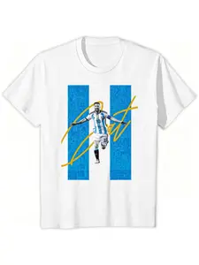 Blue Striped Messi Trendy T-Shirt, Gold Signature Art Football Lover Unisex Short Sleeve, Soft Fabric Casual Fit, Perfect for Game Day