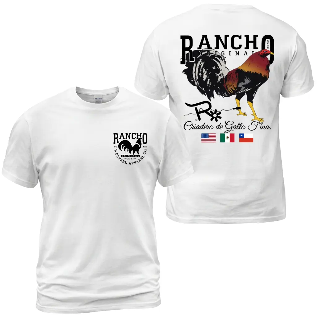 Rancho Original Rooster T-Shirt, Western Ranch Graphic Tee With Gamefowl Back Print, Front Chest Rancho Logo Shirt, Country Farm Apparel Gift for Men and Women