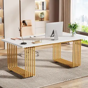 LITTLE TREE 70.9" Modern Office Desk, Wooden Computer Desk, White Executive Desk with Gold Metal Legs, Large Workstation for Home Office, Study Writing Desk, Small Conference Table for Meeting Room